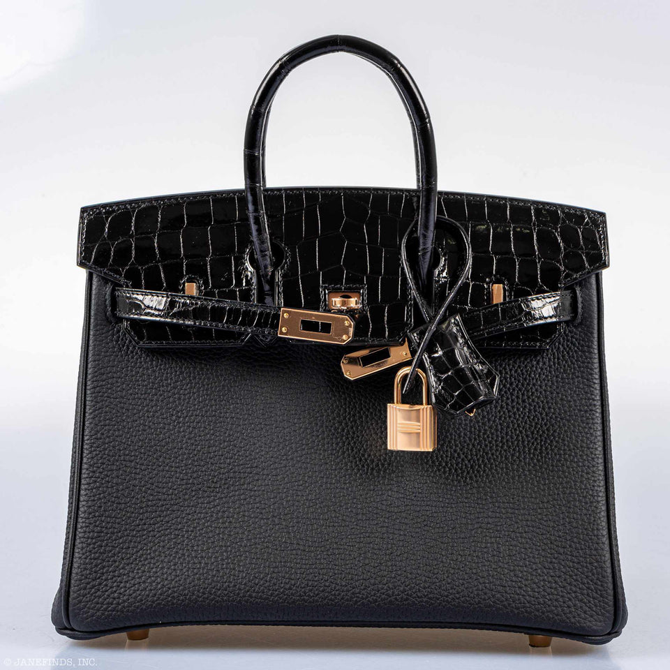 Hermes Birkin Touch 25 Black Togo & Niloticus Crocodile Rose Gold Hardware