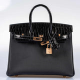Hermes Birkin Touch 25 Black Togo & Niloticus Crocodile Rose Gold Hardware