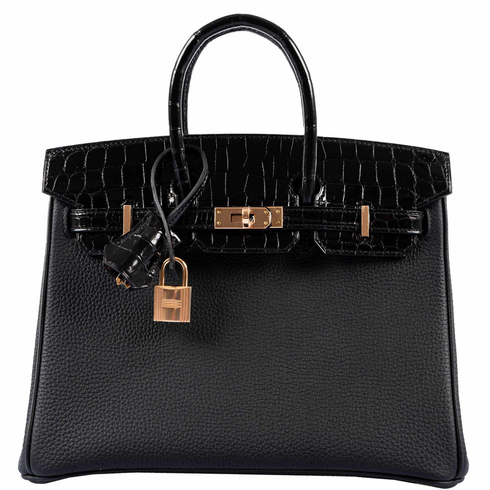 Hermes Birkin Touch 25 Black Togo & Niloticus Crocodile Rose Gold Hardware
