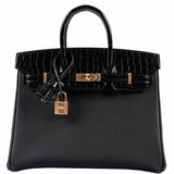 Hermes Birkin Touch 25 Black Togo & Niloticus Crocodile Rose Gold Hardware