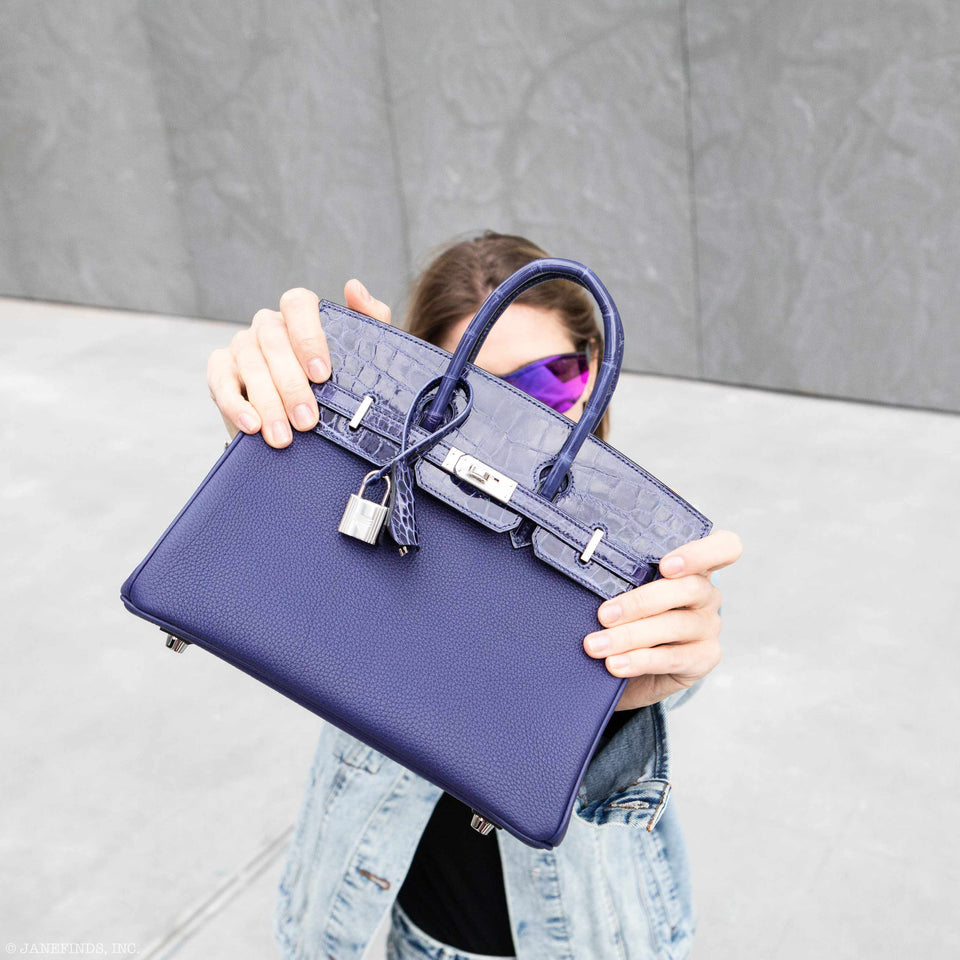 Hermes Birkin Touch 25 Blue Encre Togo & Niloticus Crocodile Palladium Hardware