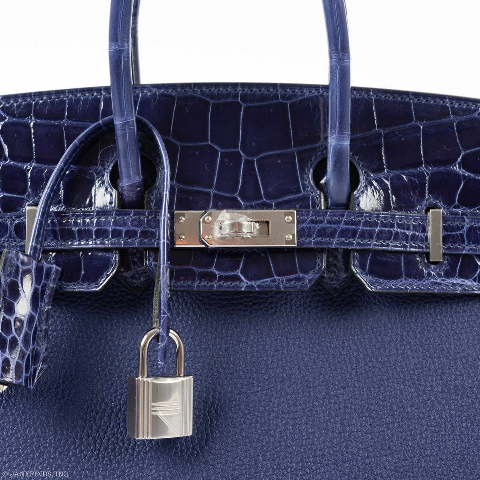 Hermes Birkin Touch 25 Blue Encre Togo & Niloticus Crocodile Palladium Hardware