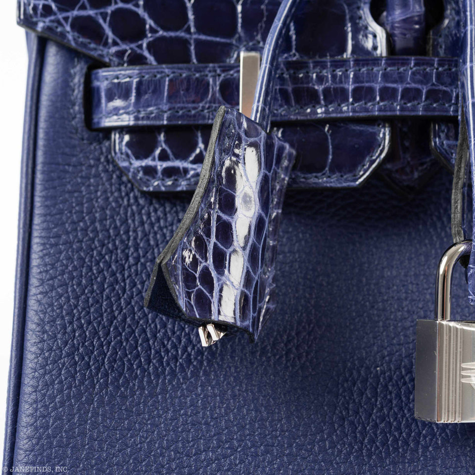 Hermes Birkin Touch 25 Blue Encre Togo & Niloticus Crocodile Palladium Hardware