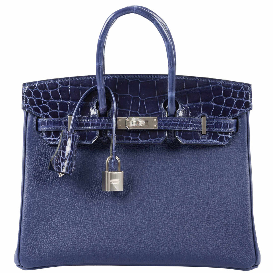 Hermes Birkin Touch 25 Blue Encre Togo & Niloticus Crocodile Palladium Hardware