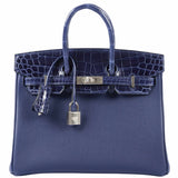 Hermes Birkin Touch 25 Blue Encre Togo & Niloticus Crocodile Palladium Hardware
