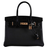 HermesBirkin Touch 30 Black Novillo & Niloticus Crocodile Rose Gold Hardware - 2020, Y