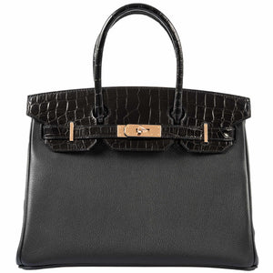 HermesBirkin Touch 30 Black Novillo & Niloticus Crocodile Rose Gold Hardware