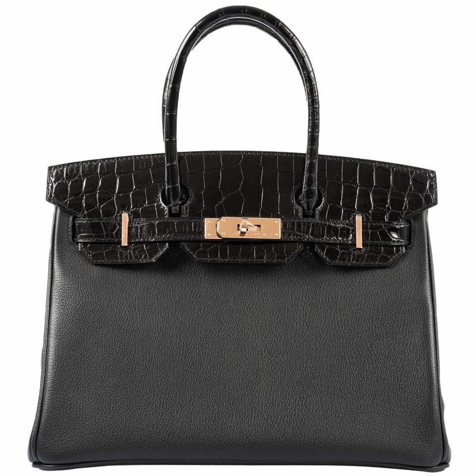 HermesBirkin Touch 30 Black Novillo & Niloticus Crocodile Rose Gold Hardware