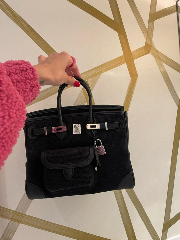 Hermes Cargo Birkin 25 Black Toile Goeland and Swift Palladium Hardware
