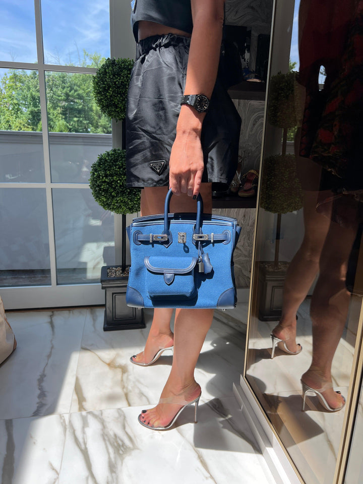 Hermes Cargo Birkin 25 Blue Egee Toile Goeland & Navy Swift Palladium Hardware
