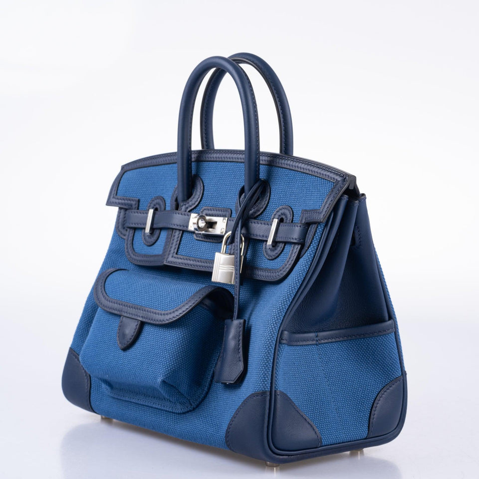 Hermes Cargo Birkin 25 Blue Egee Toile Goeland & Navy Swift Palladium Hardware