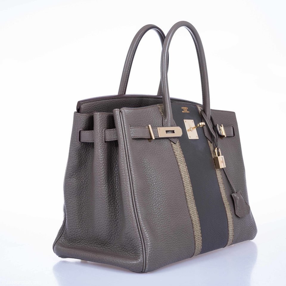 HermesClub Birkin 35 Tri-Color Etain & Graphite Clemence, Gris Fonce Lizard Permabrass Hardware