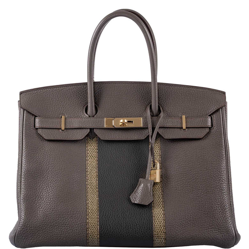 HermesClub Birkin 35 Tri-Color Etain & Graphite Clemence, Gris Fonce Lizard Permabrass Hardware