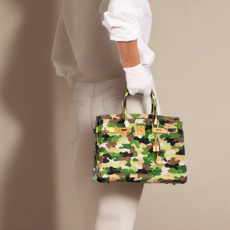 Hermes Custom Swarovski Crystal Camo Birkin 30 Green Togo Gold Hardware