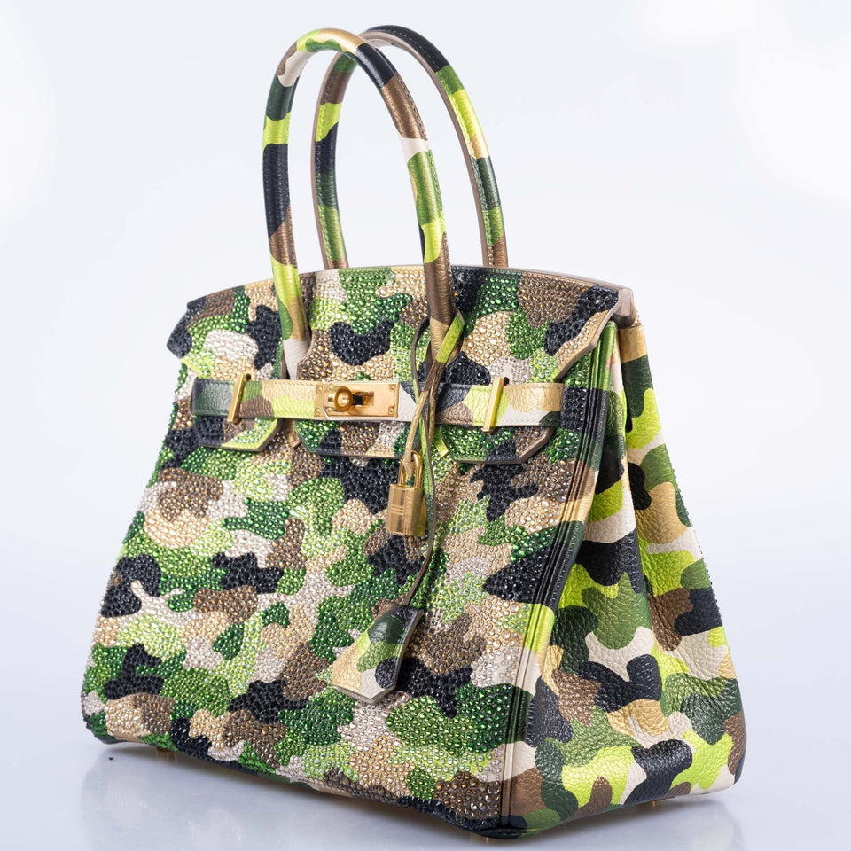 Hermes Custom Swarovski Crystal Camo Birkin 30 Green Togo Gold Hardware
