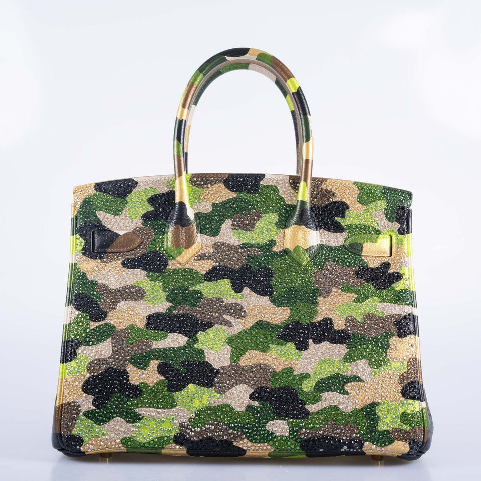 Hermes Custom Swarovski Crystal Camo Birkin 30 Green Togo Gold Hardware
