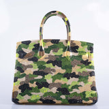 Hermes Custom Swarovski Crystal Camo Birkin 30 Green Togo Gold Hardware