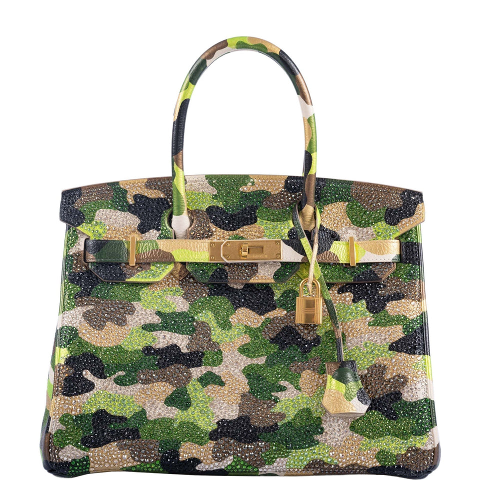 Hermes Custom Swarovski Crystal Camo Birkin 30 Green Togo Gold Hardware