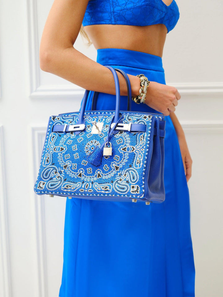 Hermes Custom Swarovski Crystal Cowgirl Bandana Birkin 30 Blue Togo Palladium Hardware
