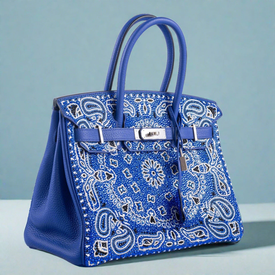 Hermes Custom Swarovski Crystal Cowgirl Bandana Birkin 30 Blue Togo Palladium Hardware