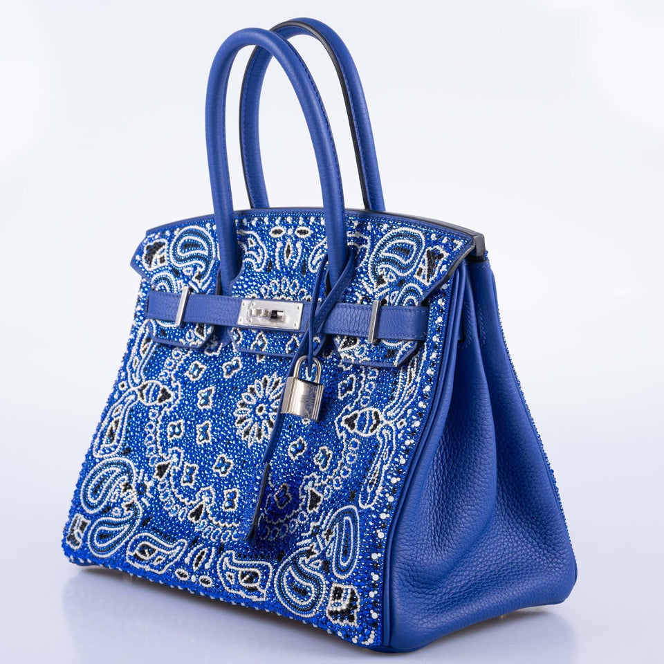 Hermes Custom Swarovski Crystal Cowgirl Bandana Birkin 30 Blue Togo Palladium Hardware