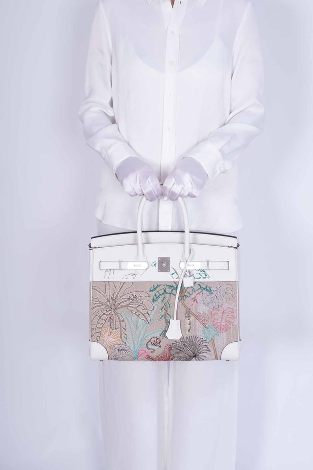 Hermes Faubourg Tropical Birkin 35 Embroidered Toile de Camp and White Swift Palladium Hardware