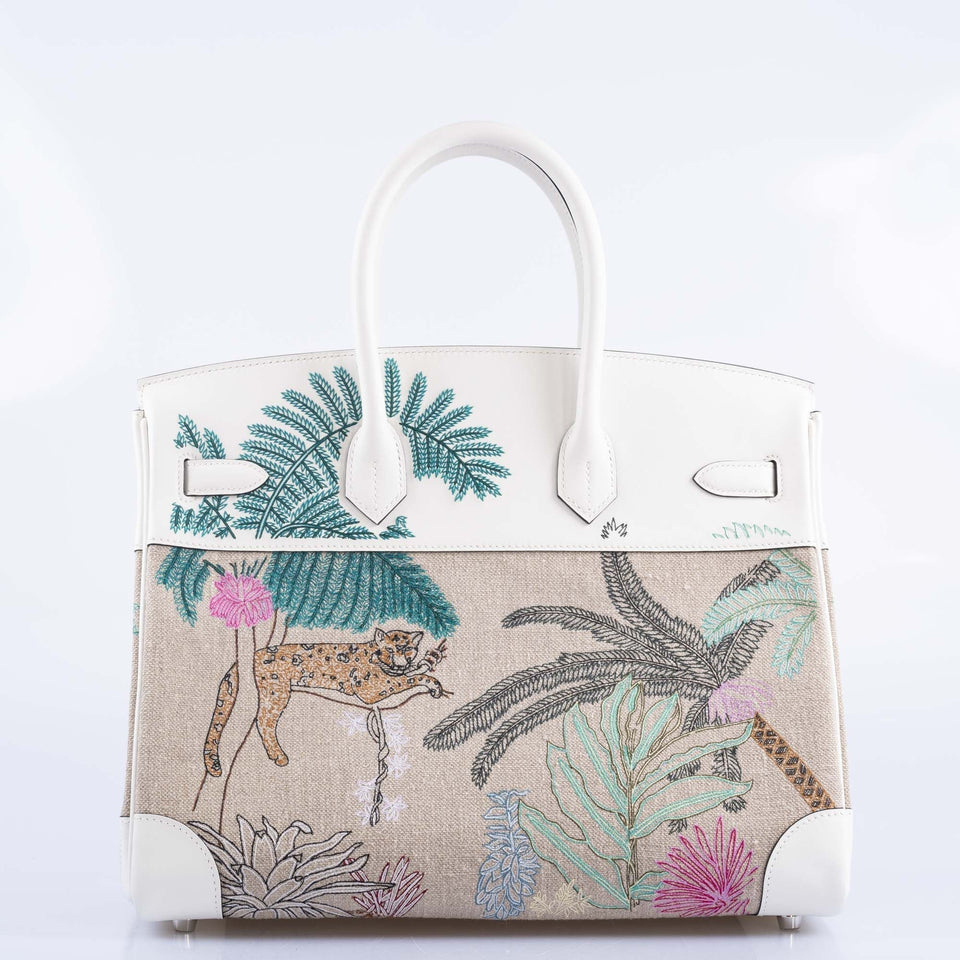 Hermes Faubourg Tropical Birkin 35 Embroidered Toile de Camp and White Swift Palladium Hardware