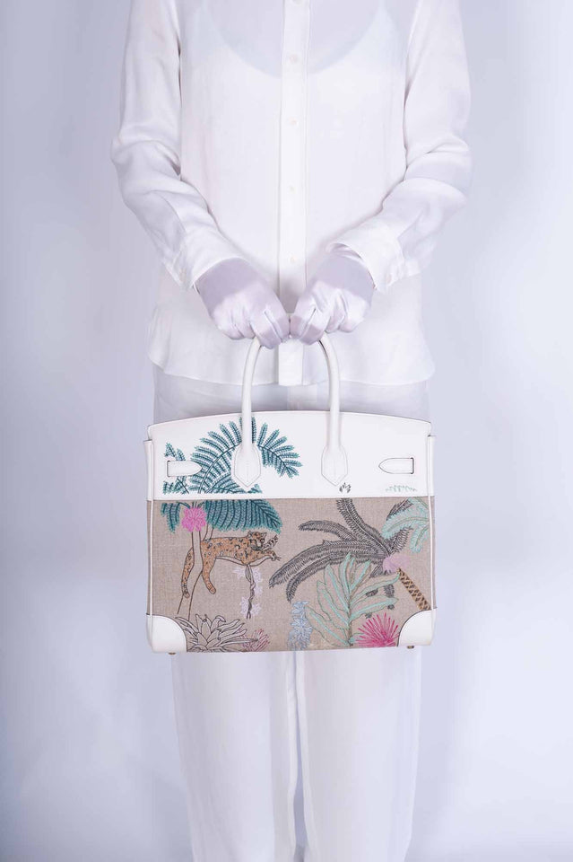 Hermes Faubourg Tropical Birkin 35 Embroidered Toile de Camp and White Swift Palladium Hardware