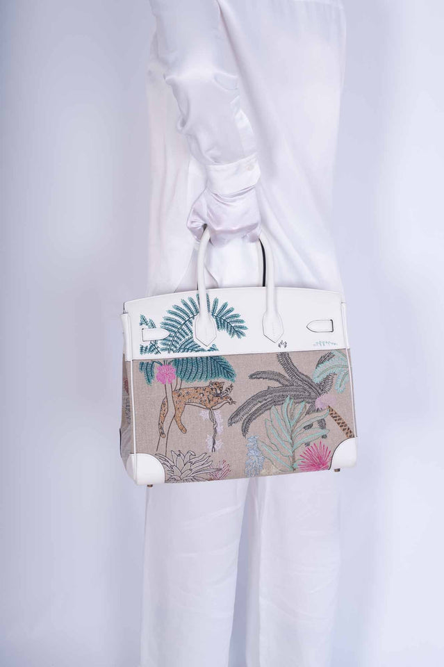 Hermes Faubourg Tropical Birkin 35 Embroidered Toile de Camp and White Swift Palladium Hardware
