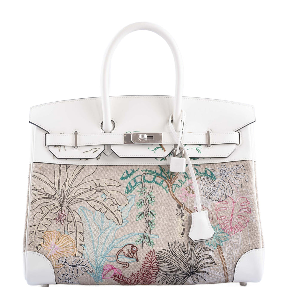 Hermes Faubourg Tropical Birkin 35 Embroidered Toile de Camp and White Swift Palladium Hardware