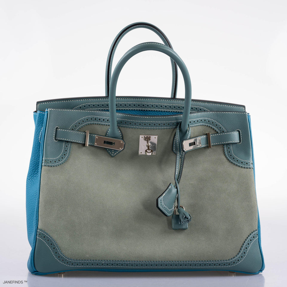 Hermes Ghillies Birkin 35 Ciel Doblis, Turquoise Togo and Bleu Jean Swift Palladium Hardware