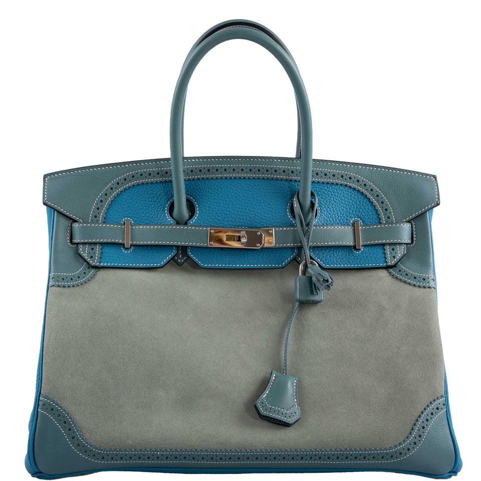 Hermes Ghillies Birkin 35 Ciel Doblis, Turquoise Togo and Bleu Jean Swift Palladium Hardware