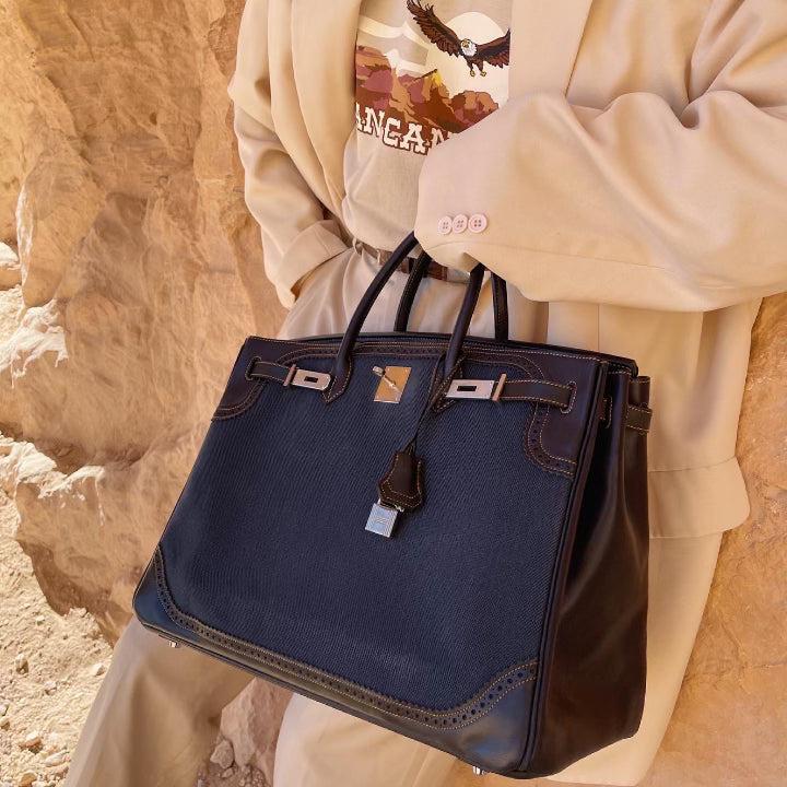 Hermes Ghillies Birkin 40 Indigo Denim and Black Tadelakt Brushed Palladium Hardware