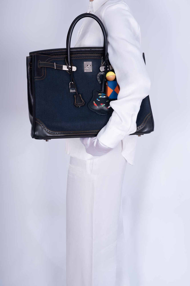 Hermes Ghillies Birkin 40 Indigo Denim and Black Tadelakt Brushed Palladium Hardware