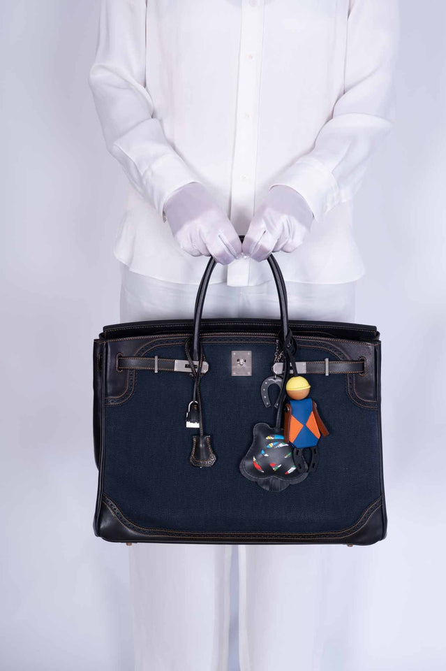 Hermes Ghillies Birkin 40 Indigo Denim and Black Tadelakt Brushed Palladium Hardware