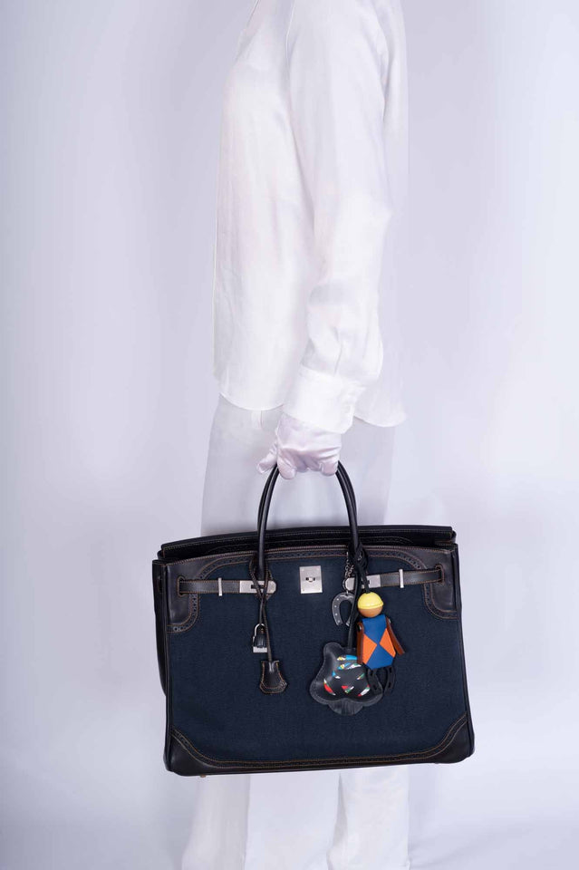 Hermes Ghillies Birkin 40 Indigo Denim and Black Tadelakt Brushed Palladium Hardware