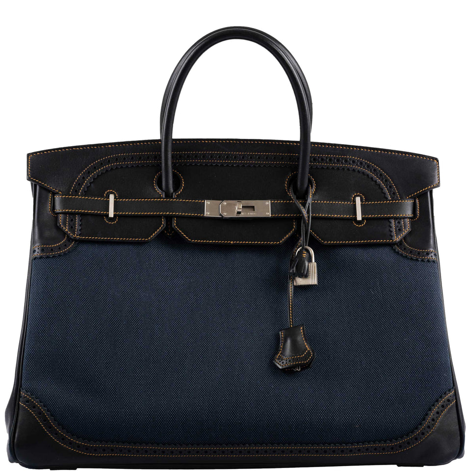 Hermes Ghillies Birkin 40 Indigo Denim and Black Tadelakt Brushed Palladium Hardware
