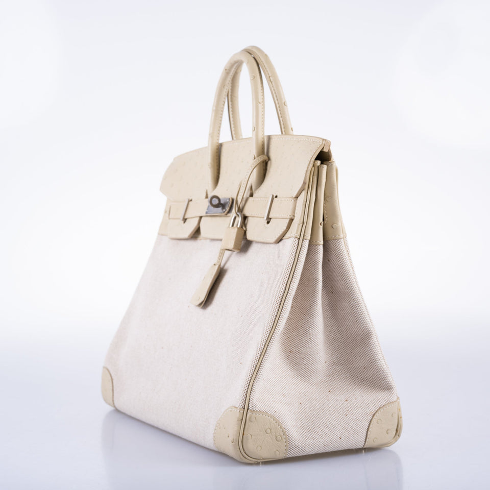 Hermes HAC Birkin 32 Parchemin Ostrich and Toile Brushed Palladium Hardware