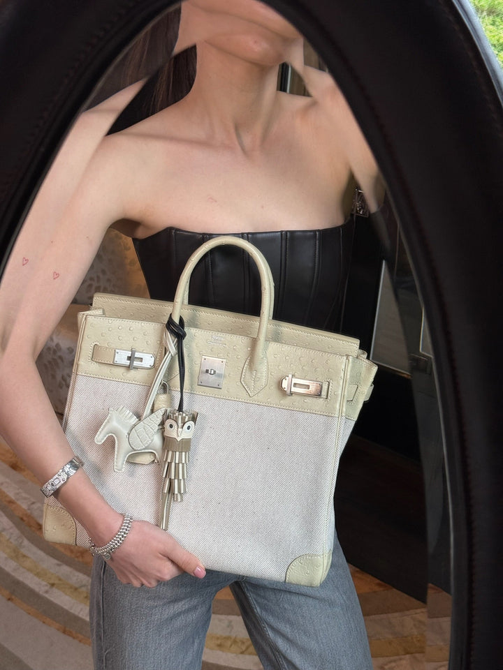 Hermes HAC Birkin 32 Parchemin Ostrich and Toile Brushed Palladium Hardware