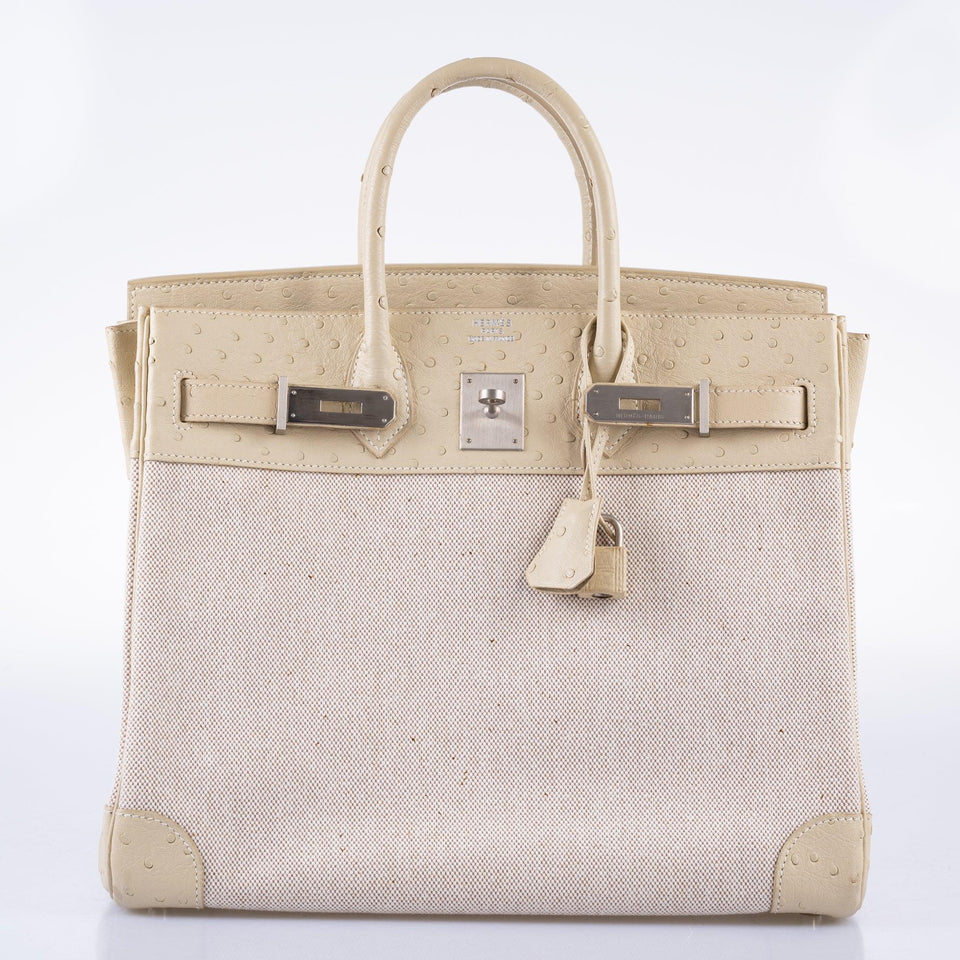 Hermes HAC Birkin 32 Parchemin Ostrich and Toile Brushed Palladium Hardware
