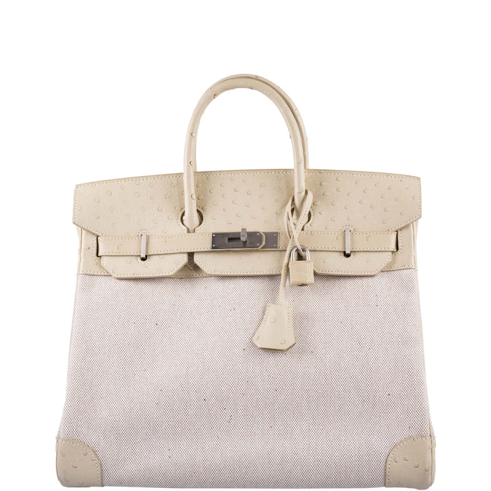 Hermes HAC Birkin 32 Parchemin Ostrich and Toile Brushed Palladium Hardware