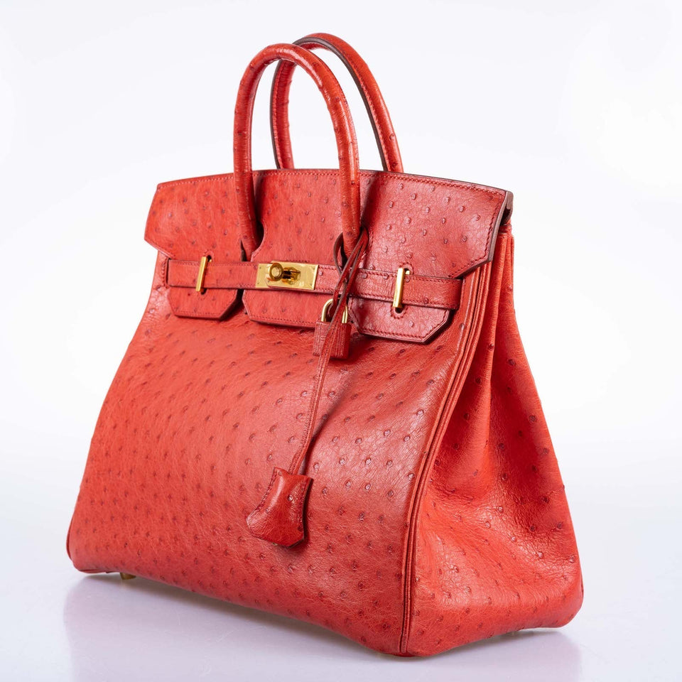 Hermes HAC Birkin 32 Rouge Vif Ostrich Gold Hardware