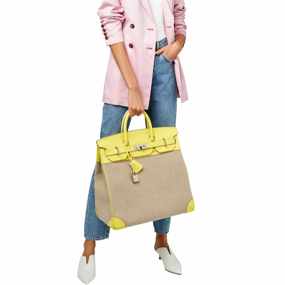 Hermes HAC Birkin 40 Lime Evercolor and Toile de Camp Burlap Palladium Hardware