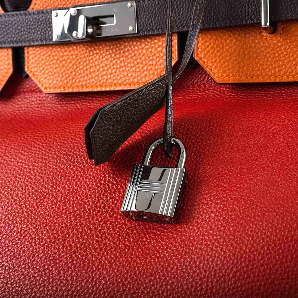 Hermes HAC Birkin 40 Tri-Color Rouge Garance, Chocolat & Terre Battue Fjord Leather Ruthenium Hardware - 2006, J Square