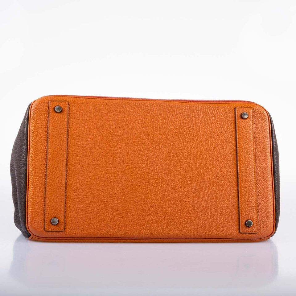Hermes HAC Birkin 40 Tri-Color Rouge Garance, Chocolat & Terre Battue Fjord Leather Ruthenium Hardware - 2006, J Square