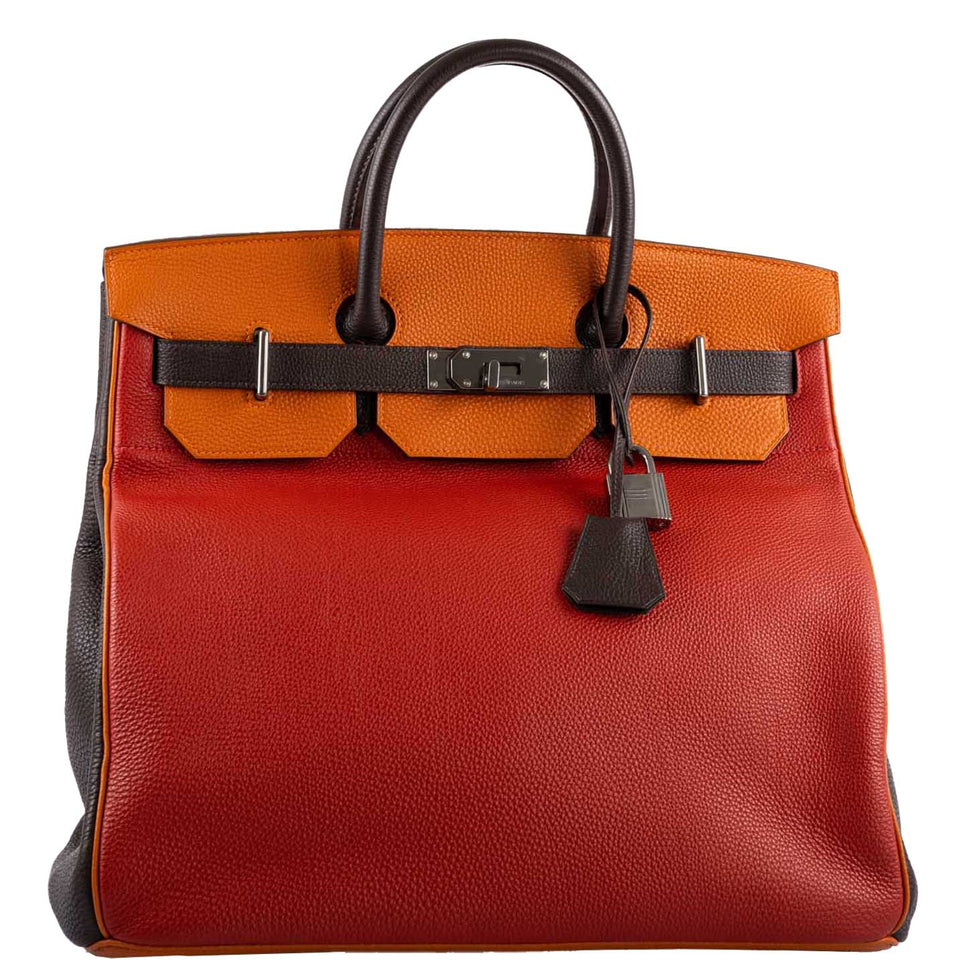 Hermes HAC Birkin 40 Tri-Color Rouge Garance, Chocolat & Terre Battue Fjord Leather Ruthenium Hardware - 2006, J Square