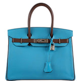 HermesHSS Birkin 30 Bleu Aztec and Havane Chevre Palladium Hardware