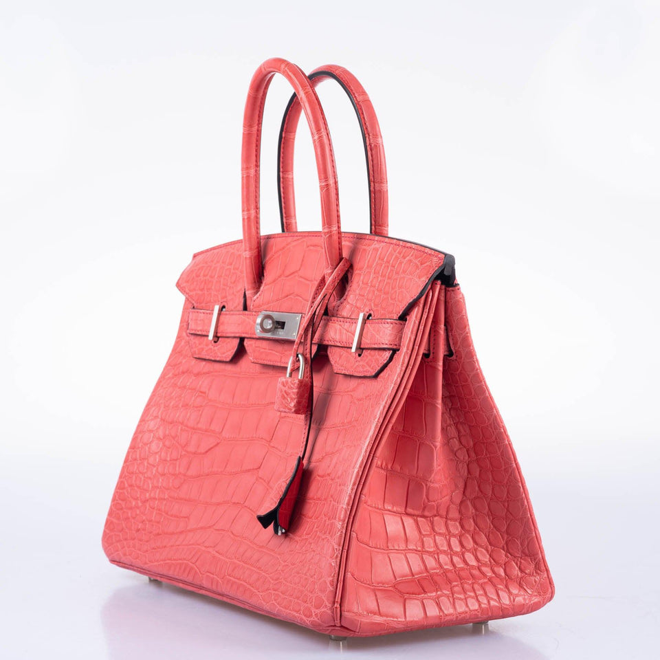HermesHSS Birkin 30 Bougenville Matte Alligator & Blue Marine Interior with Brushed Palladium Hardware