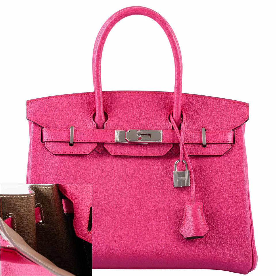 HermesHSS Birkin 30 Rose Shocking Chevre Leather & Etoupe Palladium Hardware - 2014, R Square