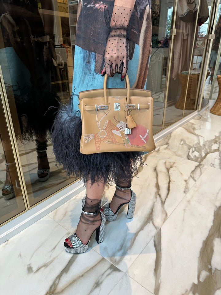 Hermes In and Out Birkin 25 Biscuit Printed Swift Palladium Hardware
